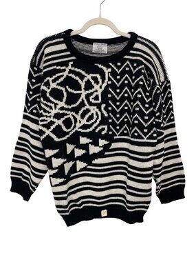 Vintage College Point Sweater Medium Geometric Pattern Black Knit Deadstock NEW